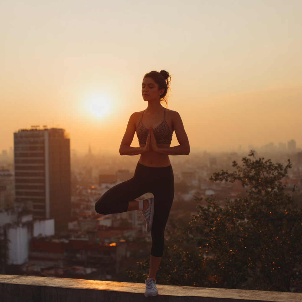 Жінка практикує йогу на заході сонця